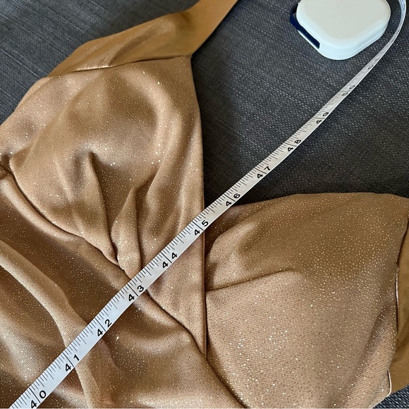 Gold Sparkle Glitter Shimmer Floor Length Gown Dress w. Halter, Lace-Up Back - Picture 8 of 12